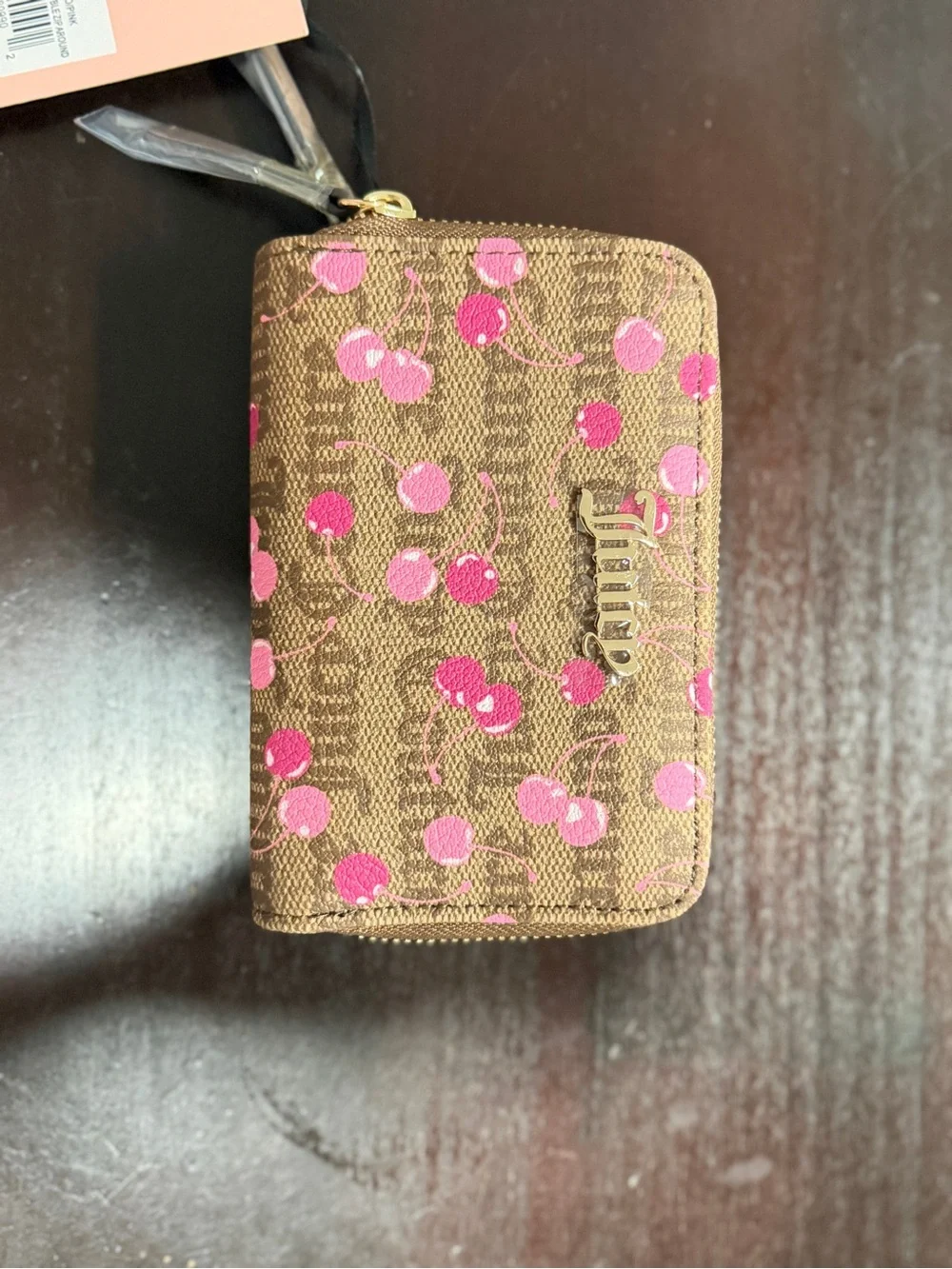 Juicy Couture Brown Cherry Print Zip Card Holder with Pink Accents